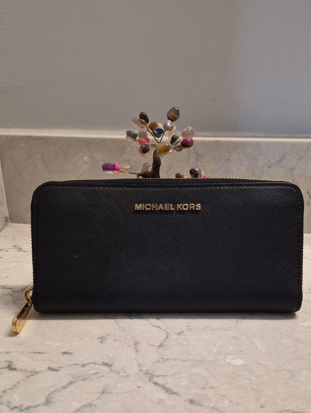 Michael Kors Black Zip-Around Saffiano Wallet with Gold Logo
